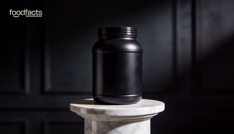 A scoop of creamy whey protein powder resting on an open tub of protein powder
