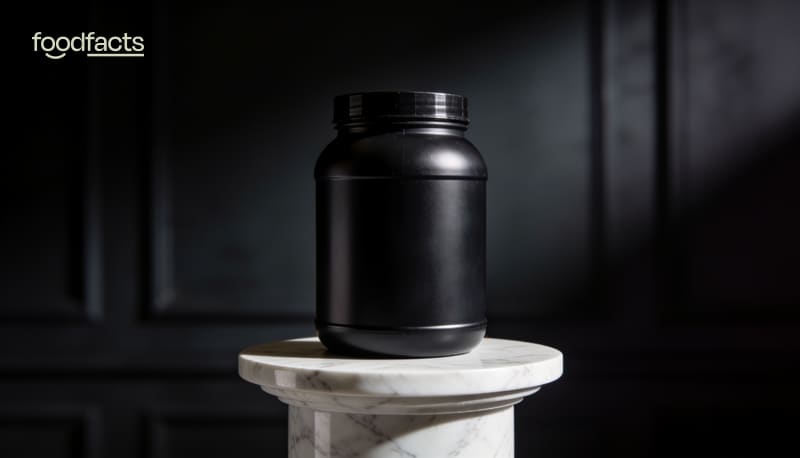 A scoop of creamy whey protein powder resting on an open tub of protein powder