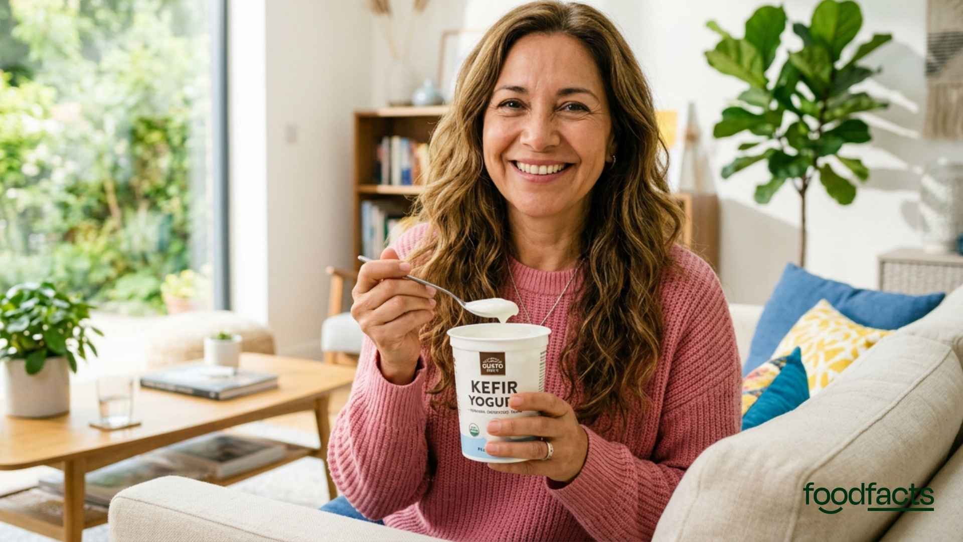 A person eats some kefir yoghurt
