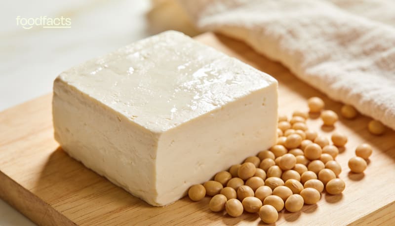 An overhead spread of whole soy foods — a block of firm tofu, a bowl of edamame, a glass of soy milk and dried soybeans
