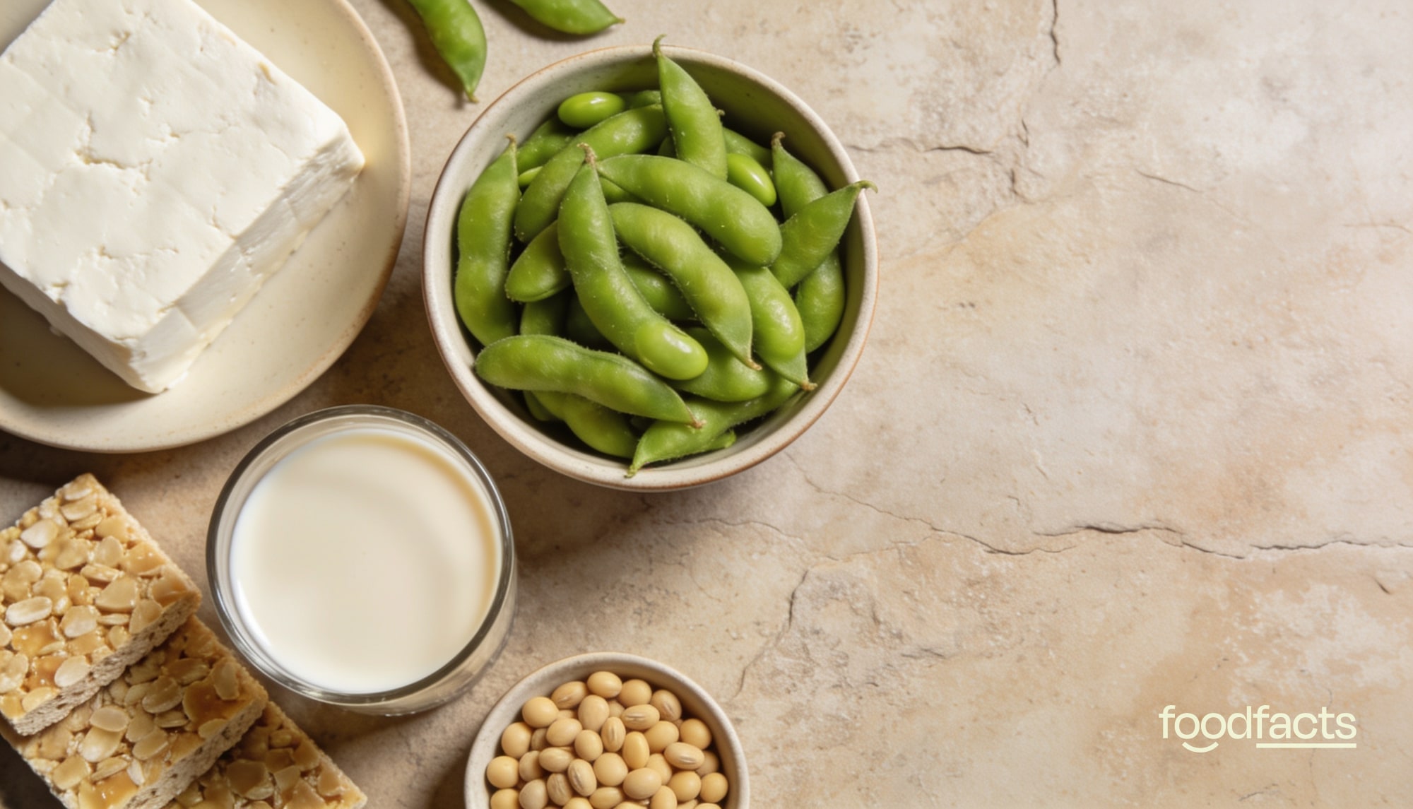 An overhead spread of whole soy foods — a block of firm tofu, a bowl of edamame, a glass of soy milk and dried soybeans