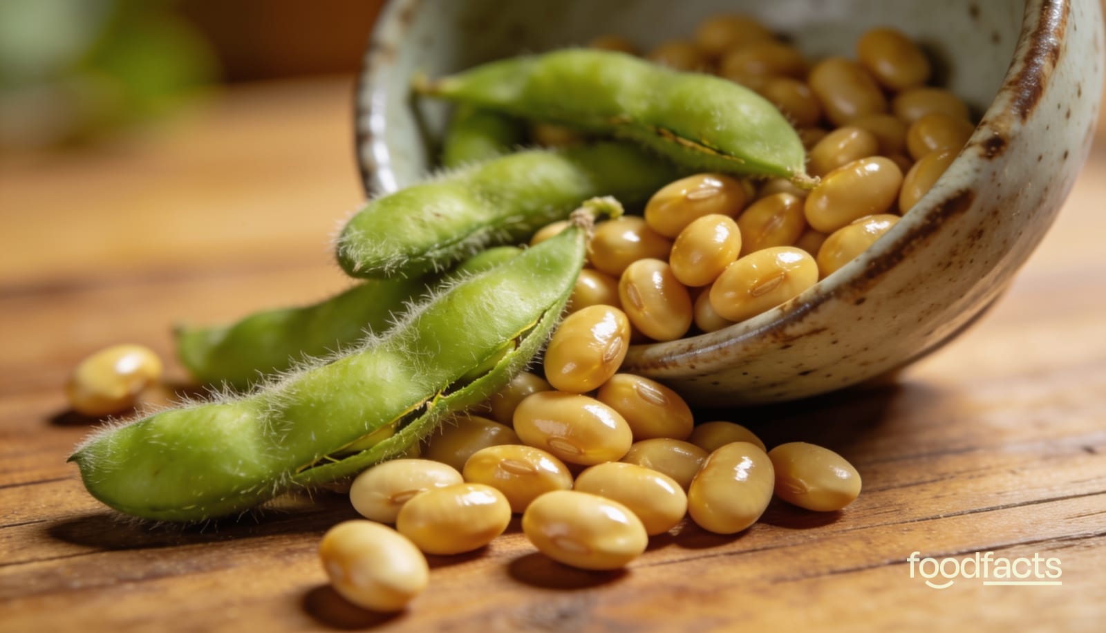 Fresh green edamame pods and golden dried soybeans spilling from a ceramic bowl