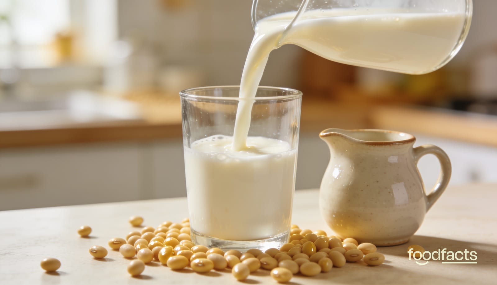 Soy milk being poured into a glass beside soybeans on a kitchen counter