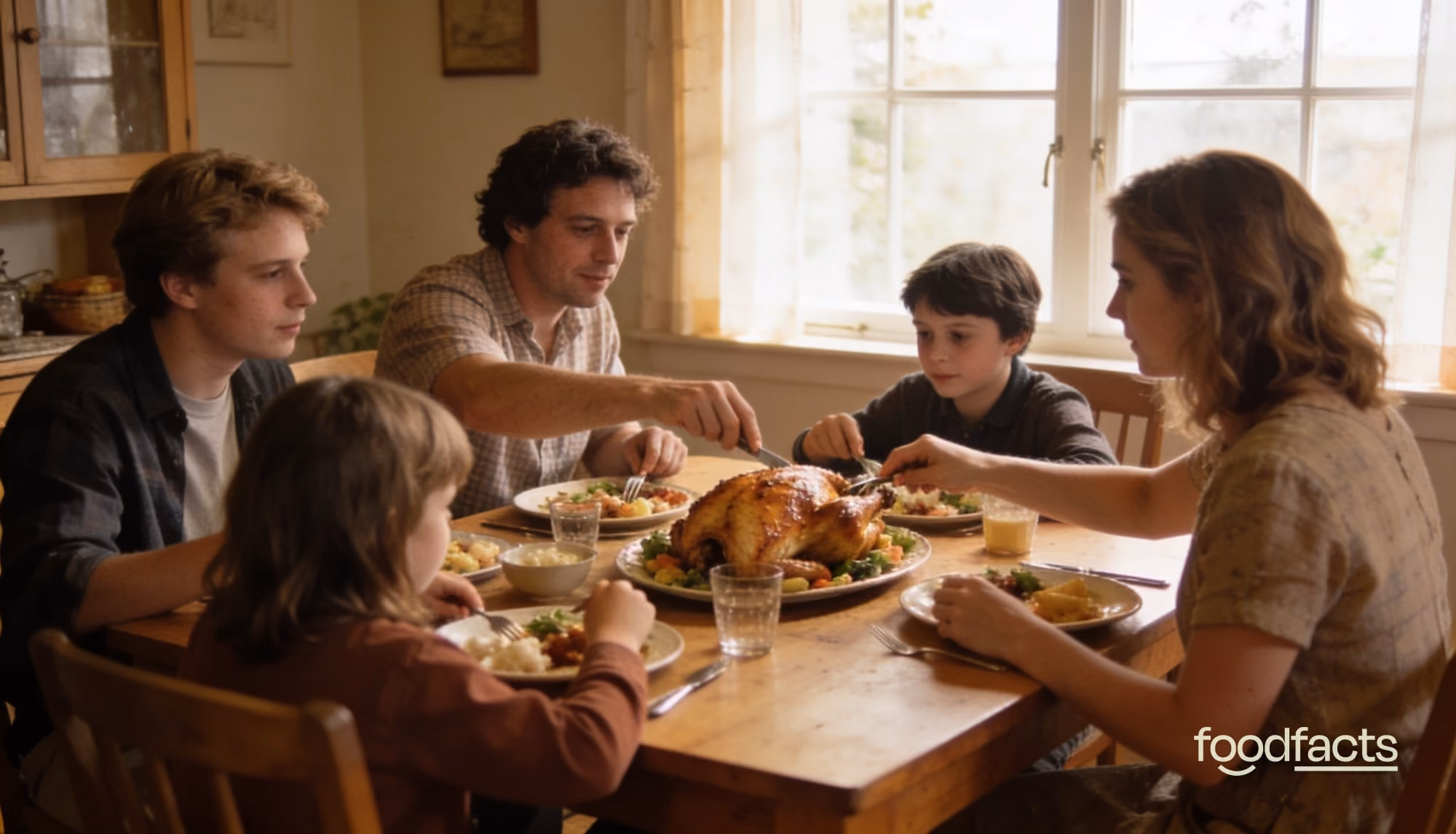 A family sharing a home-cooked roast chicken dinner around the kitchen table