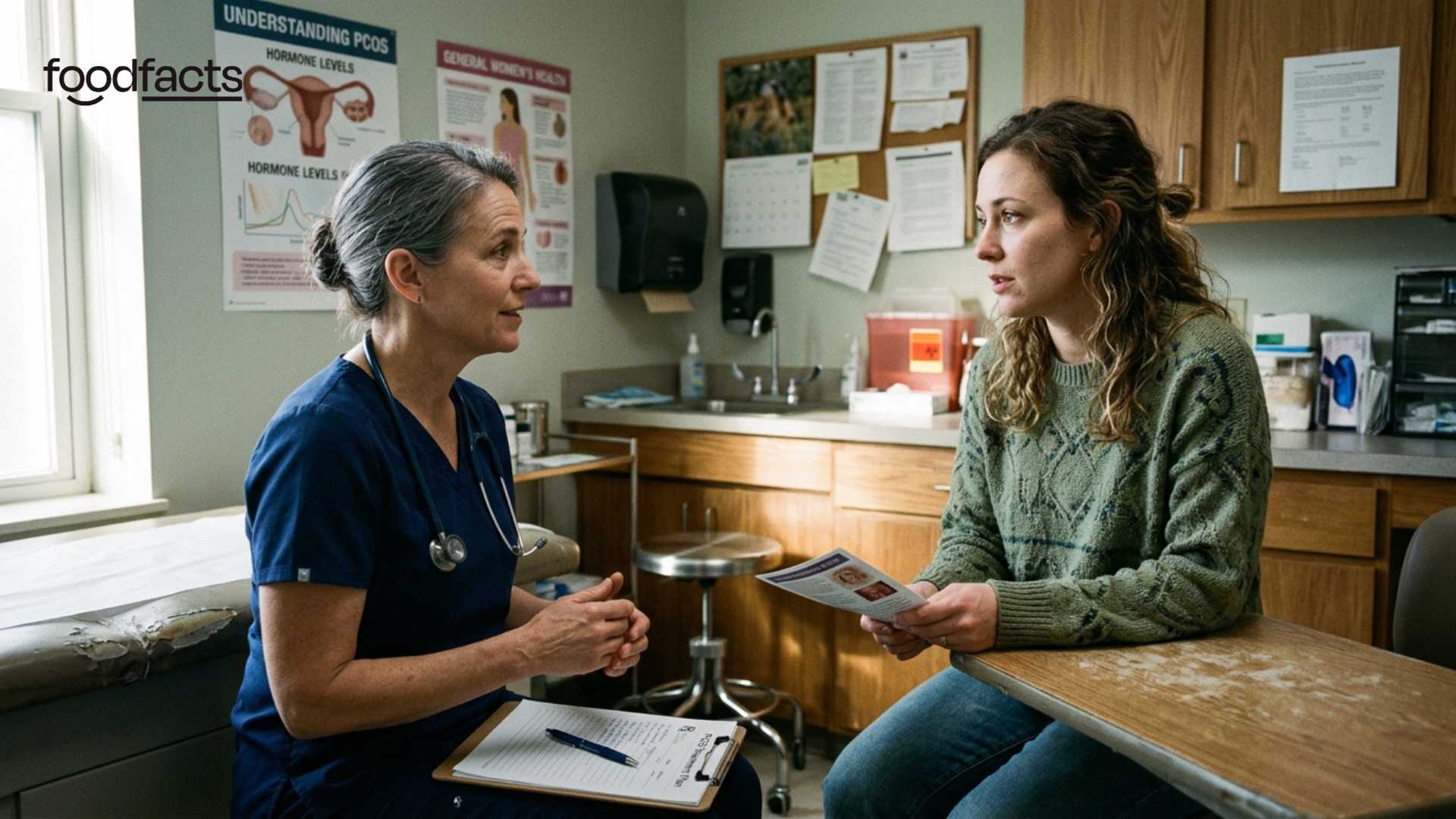 candid scene of a woman talking with her doctor about PCOS in a small, slightly cluttered exam room, both seated and mid-conversation, natural window light creating soft, uneven shadows, imperfect hair and makeup, wrinkled clothes, subtle medical posters on the wall, handheld documentary-style composition, shallow depth of field, realistic skin texture and body shapes, muted colors, authentic, unposed atmosphere