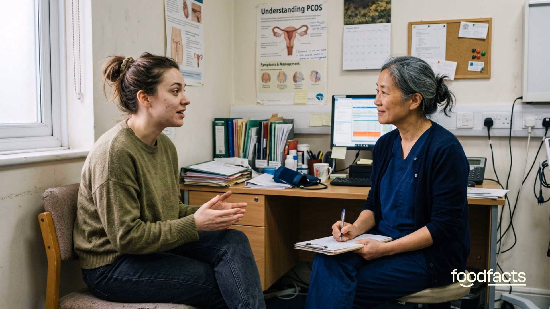 candid scene of a woman talking with her doctor about PCOS in a small, slightly cluttered exam room, both seated and mid-conversation, natural window light creating soft, uneven shadows, imperfect hair and makeup, wrinkled clothes, subtle medical posters on the wall, handheld documentary-style composition, shallow depth of field, realistic skin texture and body shapes, muted colors, authentic, unposed atmosphere