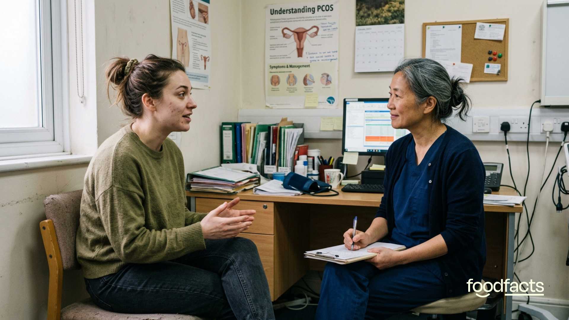 candid scene of a woman talking with her doctor about PCOS in a small, slightly cluttered exam room, both seated and mid-conversation, natural window light creating soft, uneven shadows, imperfect hair and makeup, wrinkled clothes, subtle medical posters on the wall, handheld documentary-style composition, shallow depth of field, realistic skin texture and body shapes, muted colors, authentic, unposed atmosphere