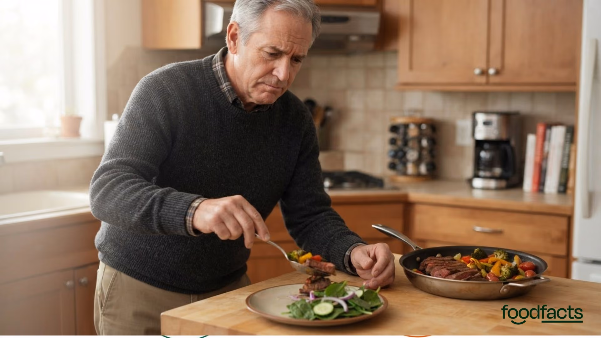 Elderly person eating a meal. On the plate are vegetables, grains and some red meat.