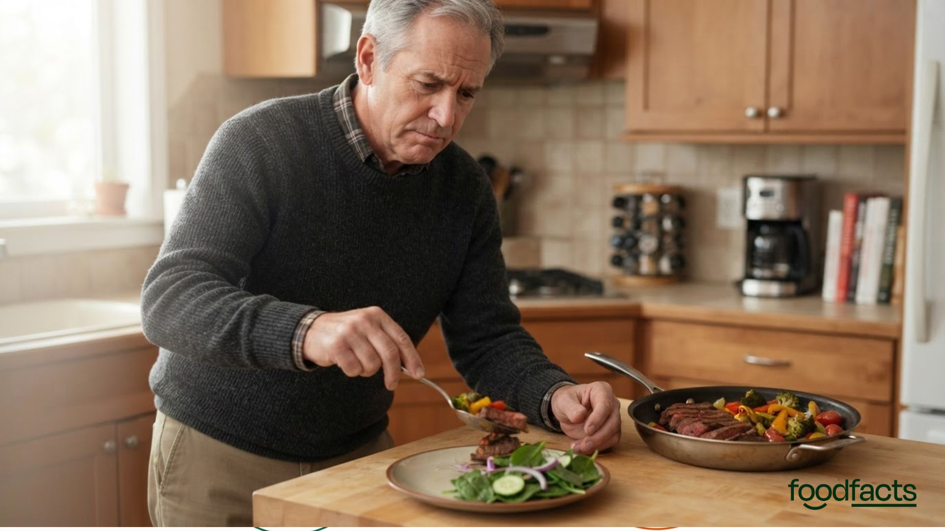 Elderly person eating a meal. On the plate are vegetables, grains and some red meat.