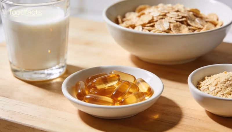 A person pouring fortified plant milk over a bowl of wholegrain cereal and fresh berries in a bright kitchen