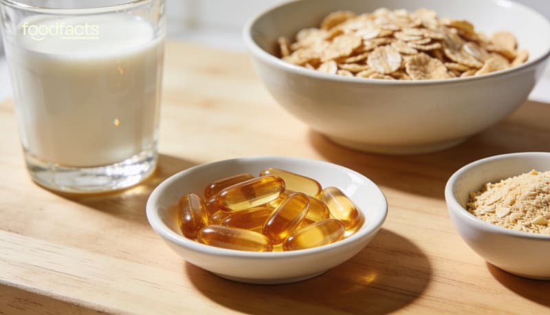 A person pouring fortified plant milk over a bowl of wholegrain cereal and fresh berries in a bright kitchen