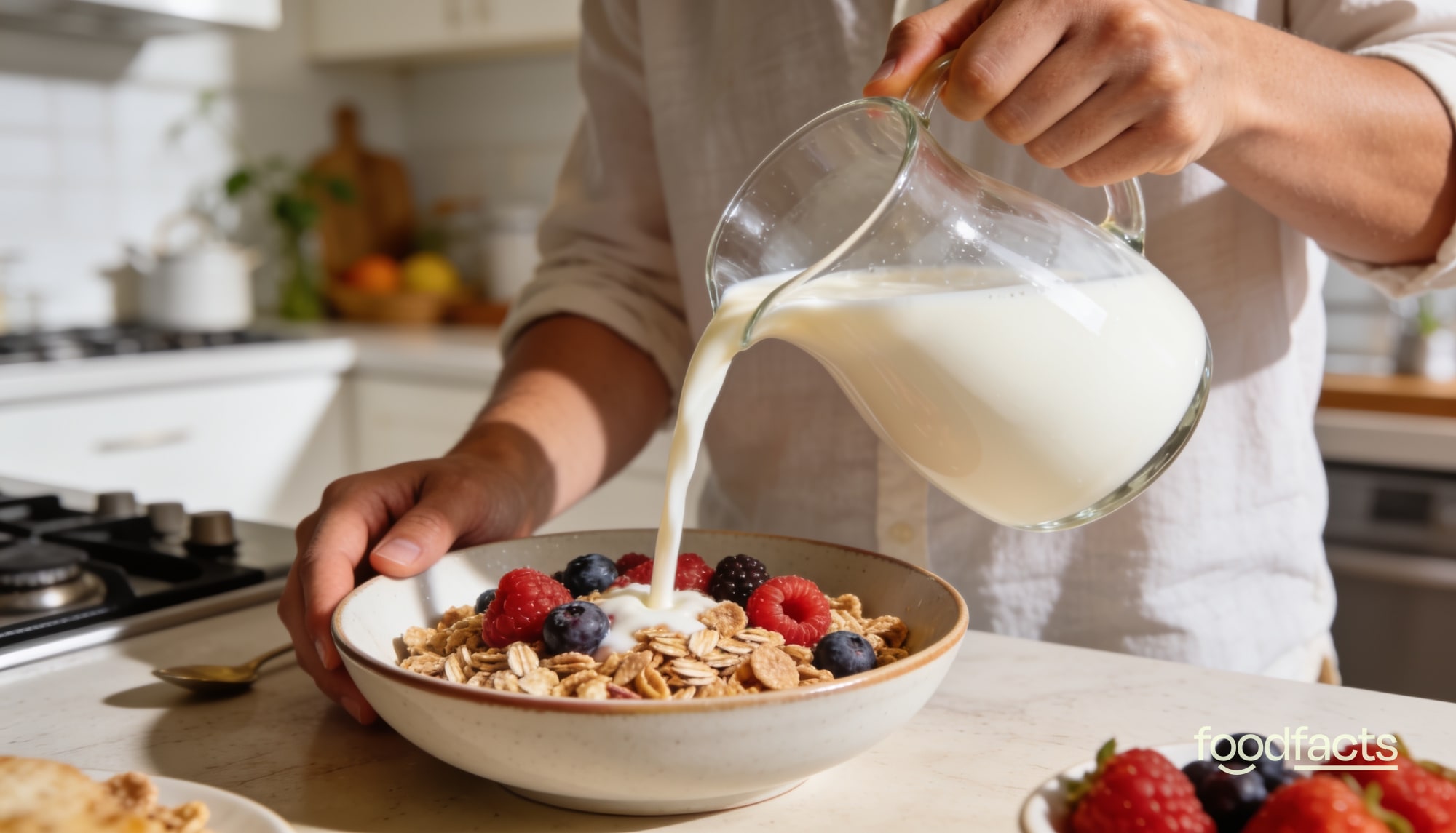 A person pouring fortified plant milk over a bowl of wholegrain cereal and fresh berries in a bright kitchen