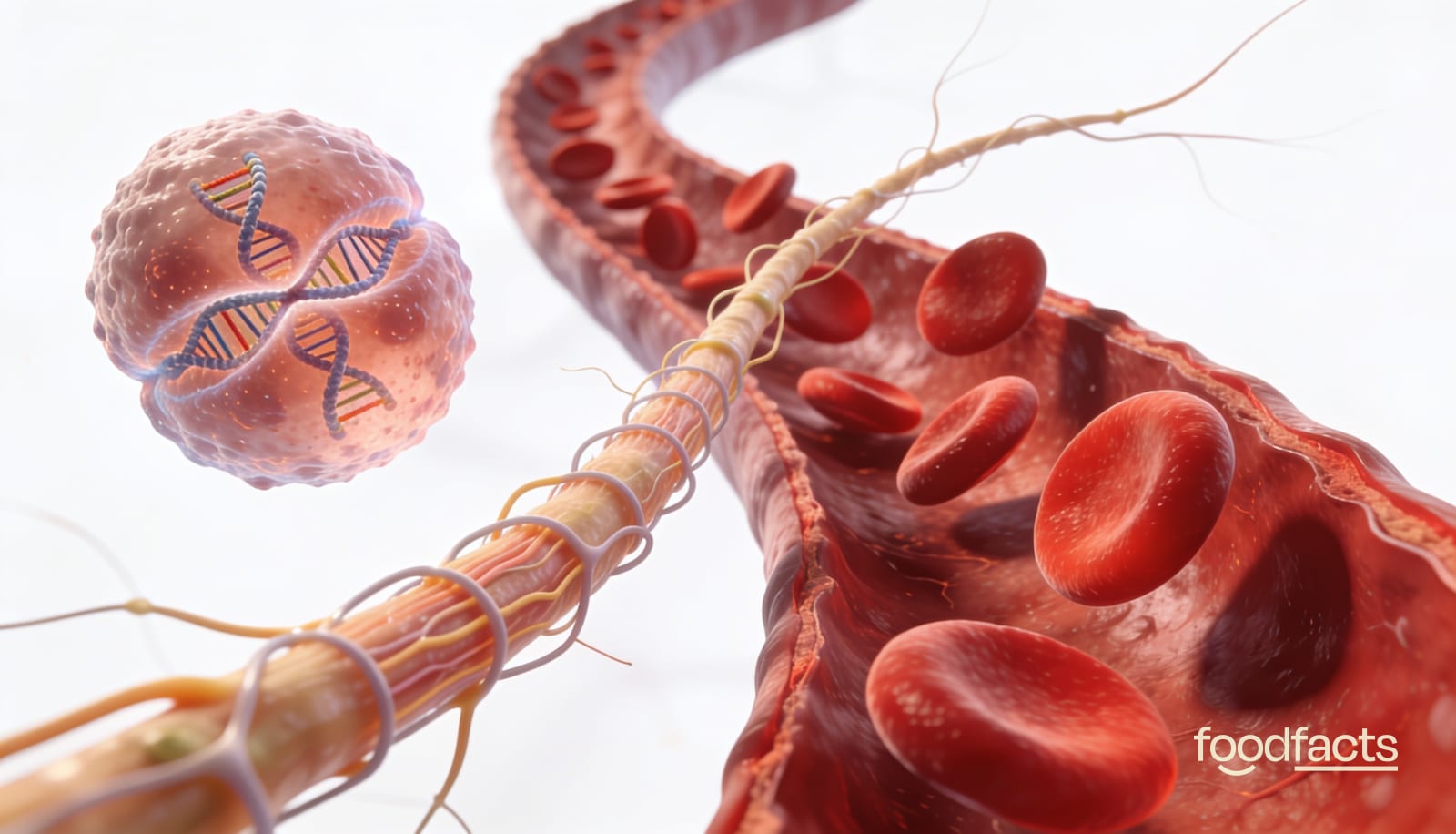A 3D illustration of red blood cells in a blood vessel, a myelinated nerve fibre and a dividing cell with DNA, representing the main roles of vitamin B12