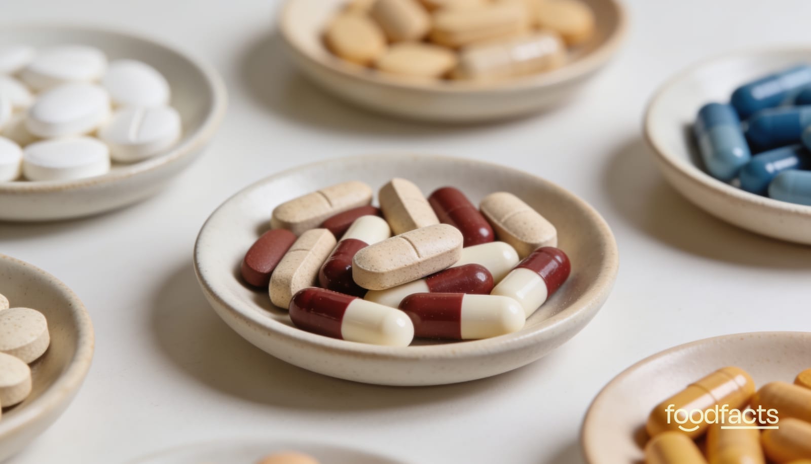 Assorted vitamin B12 supplement capsules and tablets in small ceramic dishes