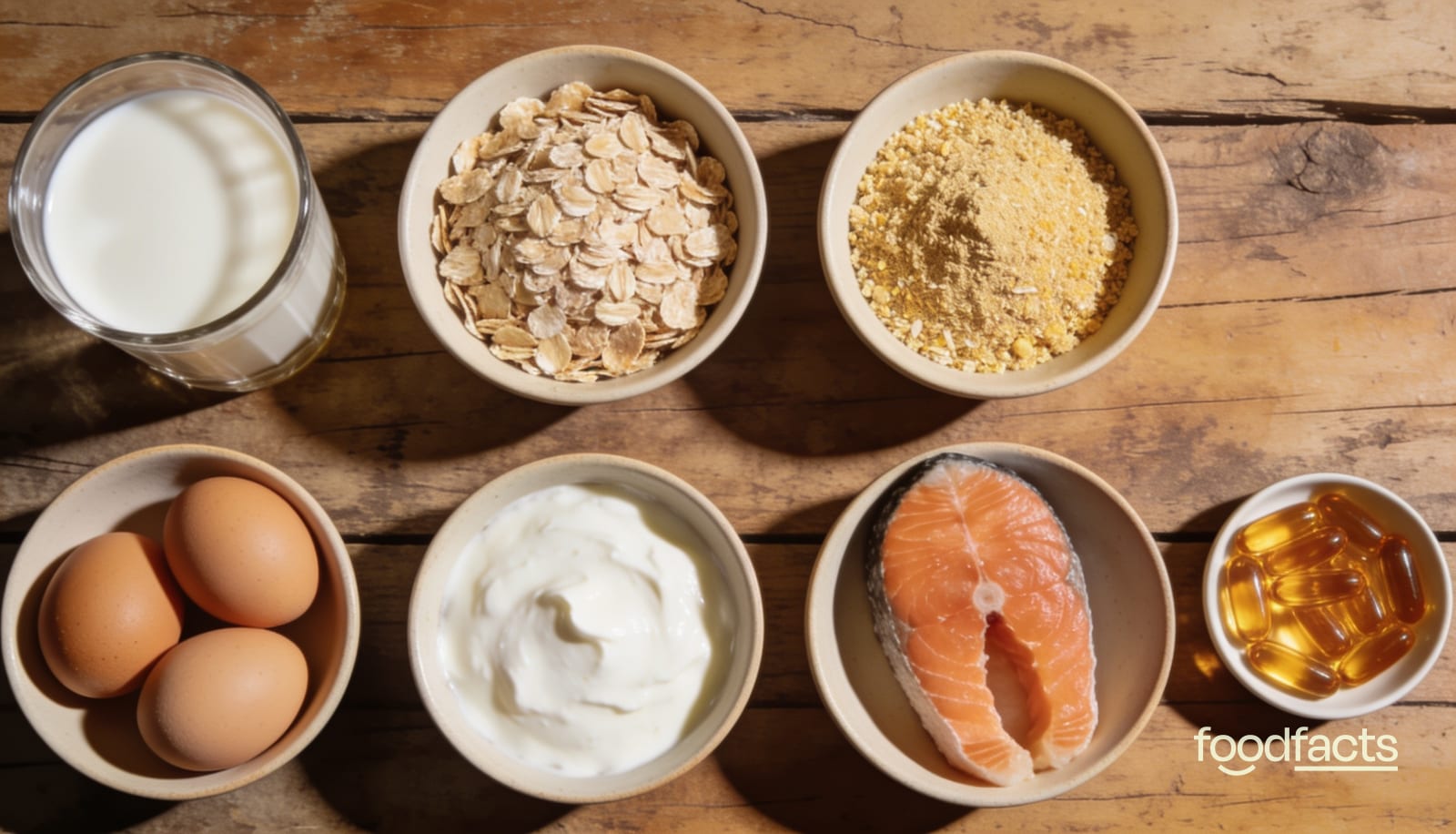 An overhead view of vitamin B12 sources: fortified plant milk, wholegrain cereal, nutritional yeast, eggs, yoghurt, salmon and supplement capsules