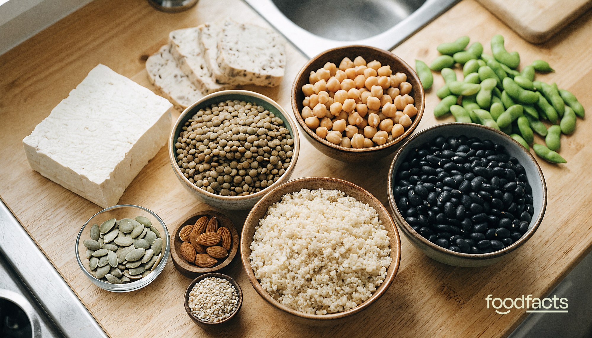 An overhead spread of high-protein plant foods on a light wooden kitchen counter: firm tofu, sliced tempeh, cooked green lentils, chickpeas, edamame, black beans, quinoa, pumpkin seeds, almonds and sesame seeds