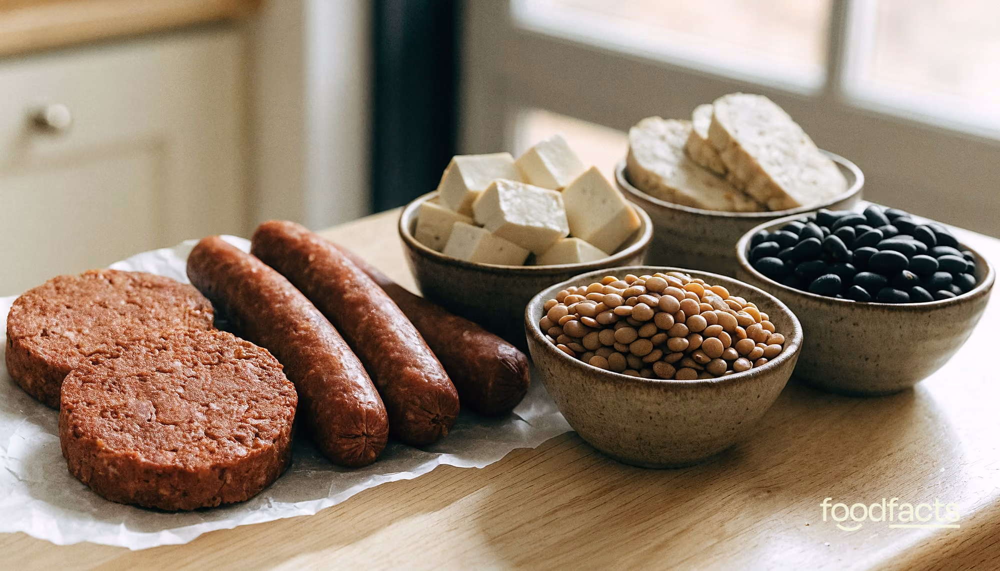 Plant-based burger patties and sausages on parchment paper beside bowls of whole plant proteins — cubed tofu, sliced tempeh, brown lentils and black beans — on a light wooden kitchen counter