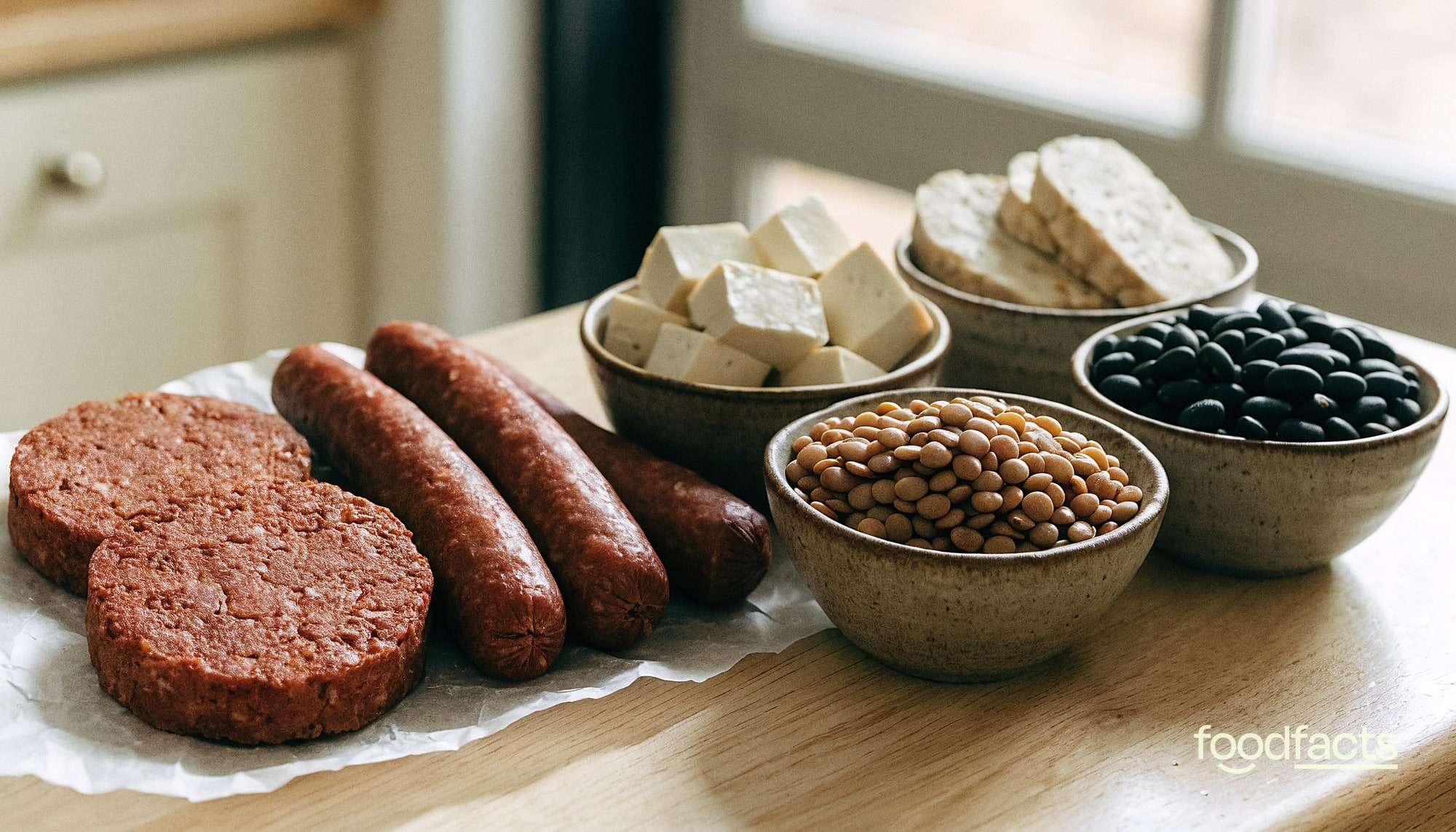 Plant-based burger patties and sausages on parchment paper beside bowls of whole plant proteins — cubed tofu, sliced tempeh, brown lentils and black beans — on a light wooden kitchen counter
