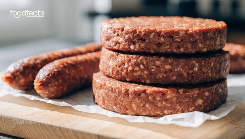 Plant-based burger patties and sausages on parchment paper beside bowls of whole plant proteins — cubed tofu, sliced tempeh, brown lentils and black beans — on a light wooden kitchen counter