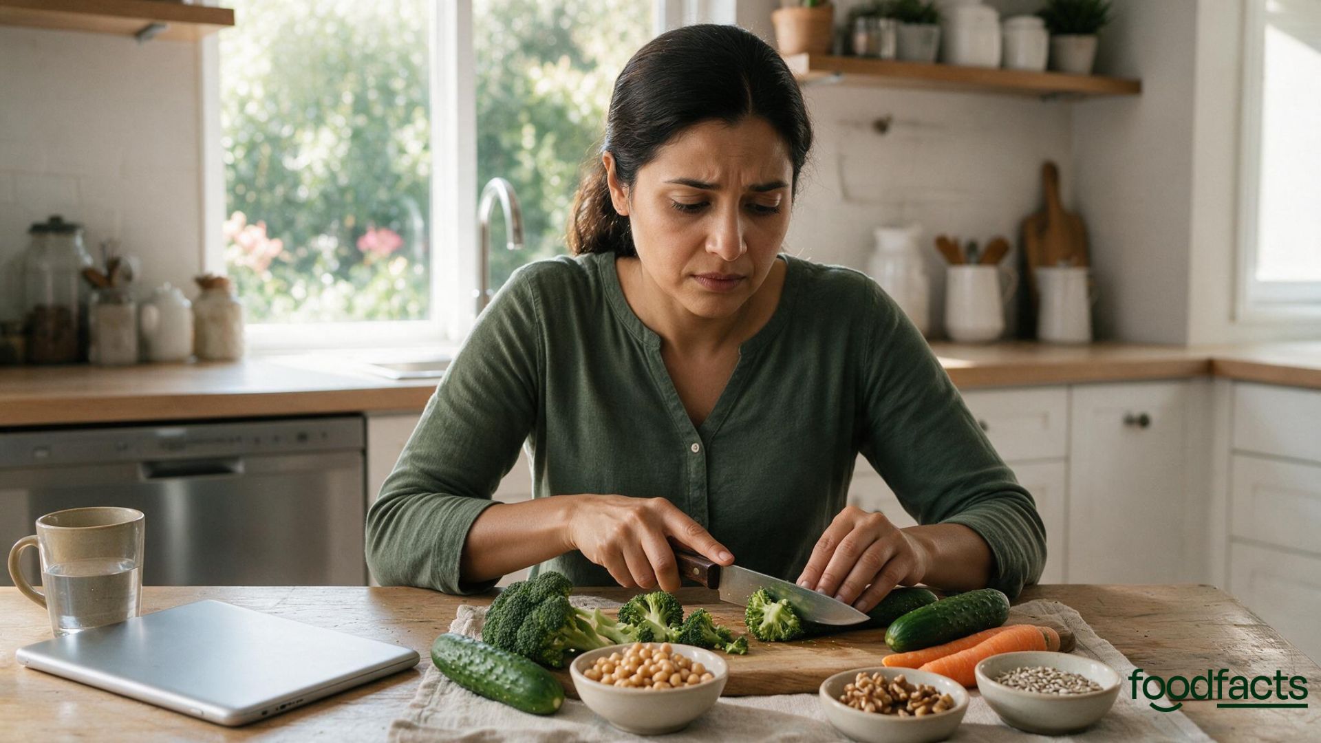 Anxious looking individual preparing food, plant-based and no sugar