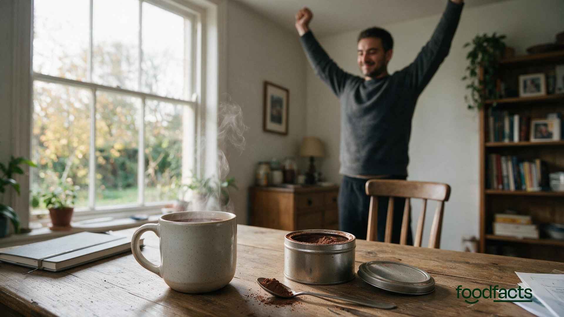 A table with a cup of coffee and some cocoa powder. In the background a man is stretching beside a desk with a laptop.