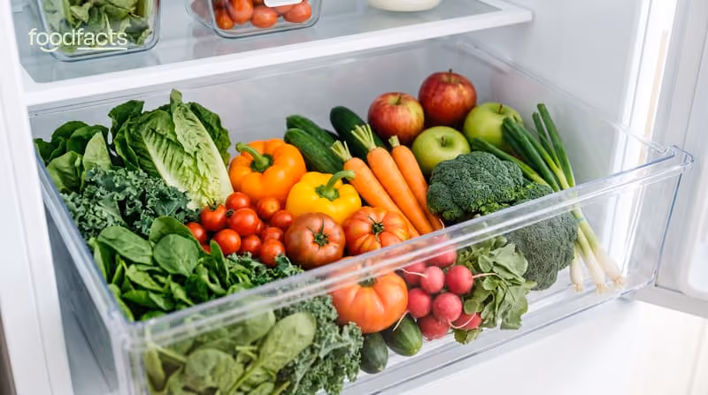 Fresh fruit and vegetables stored in a refrigerator crisper drawer