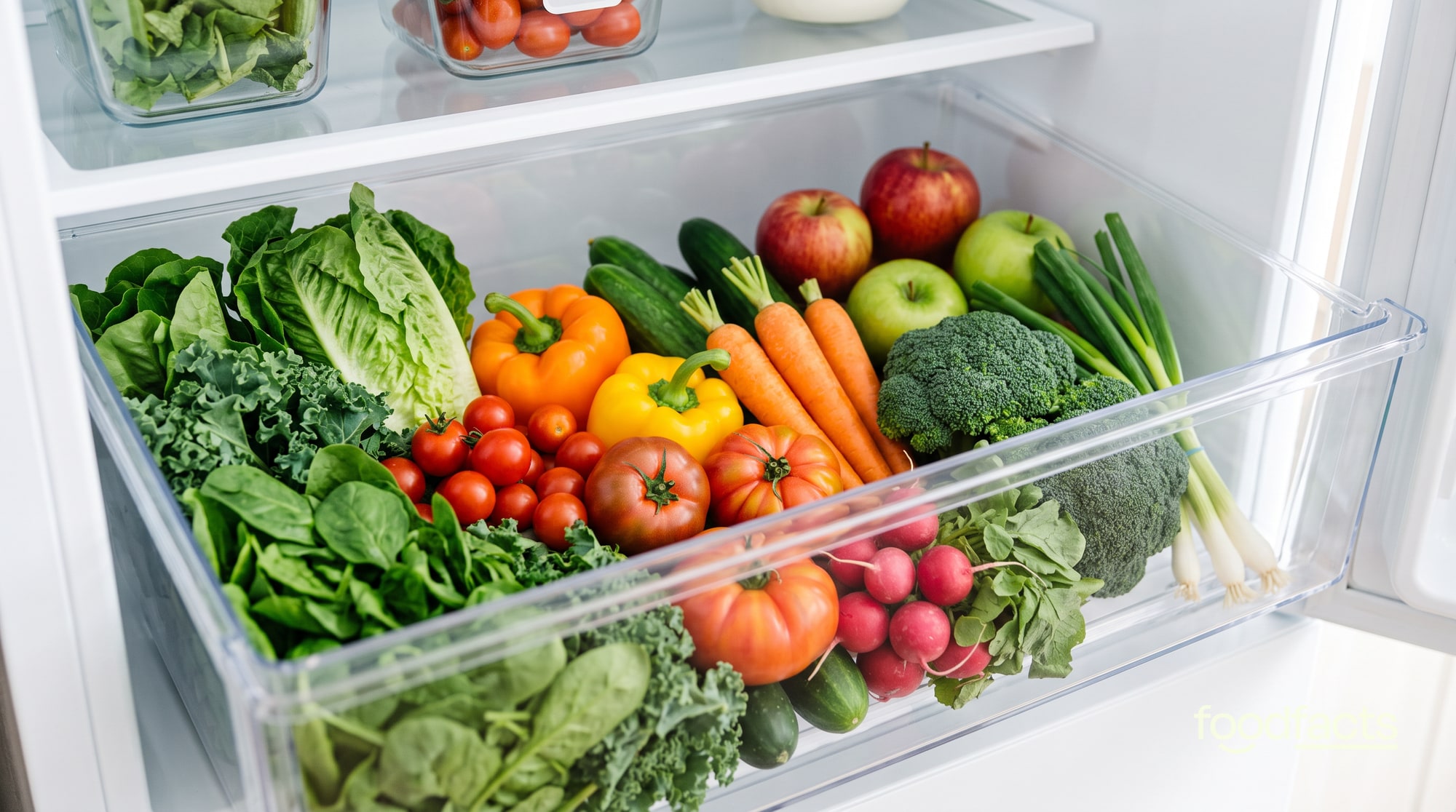 Fresh fruit and vegetables stored in a refrigerator crisper drawer