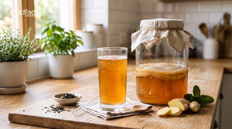 A glass of kombucha beside a glass fermentation jar with a SCOBY