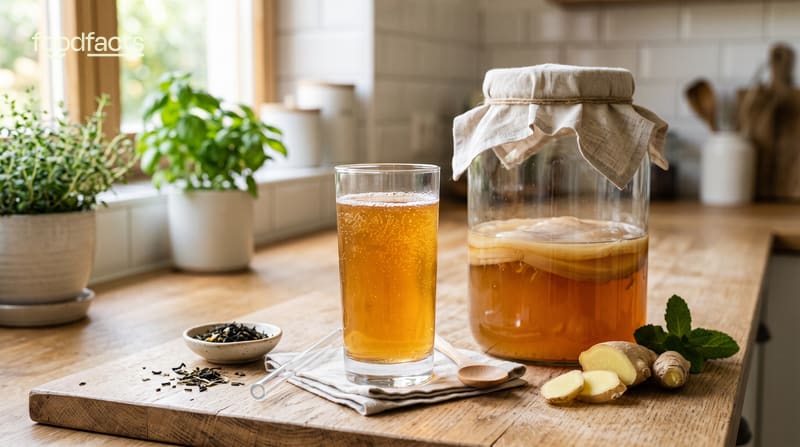 A glass of kombucha beside a glass fermentation jar with a SCOBY