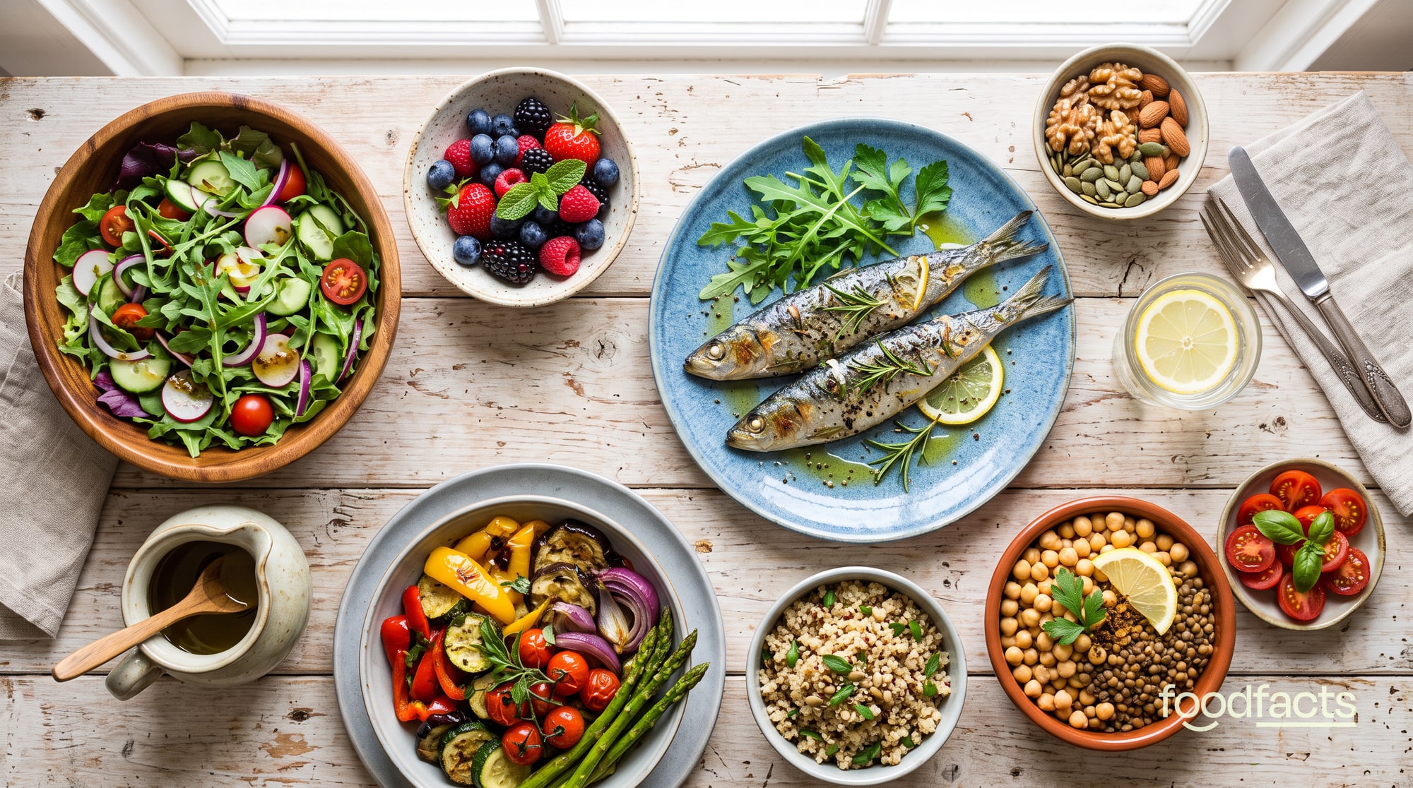 An overhead spread of Mediterranean-style whole foods