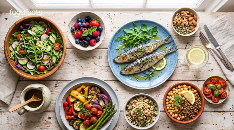 An overhead spread of Mediterranean-style whole foods