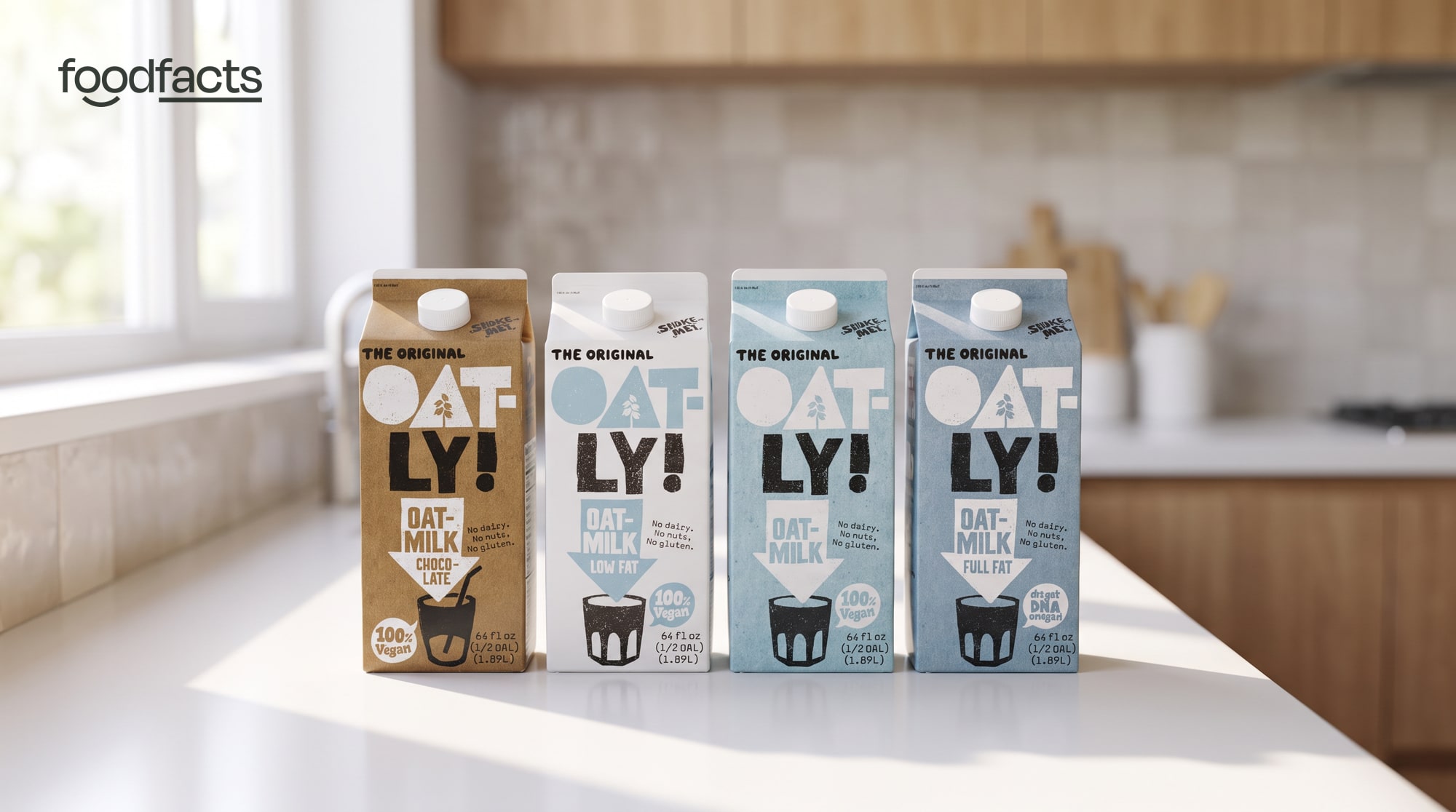 Oatly oat drink cartons on a kitchen counter