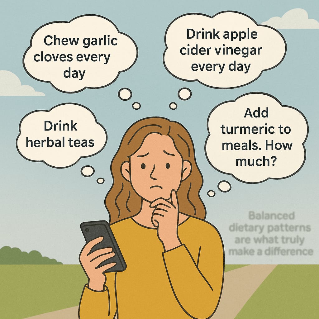 A graphic showing a woman being confused by social media claims about single-ingredient health benefits