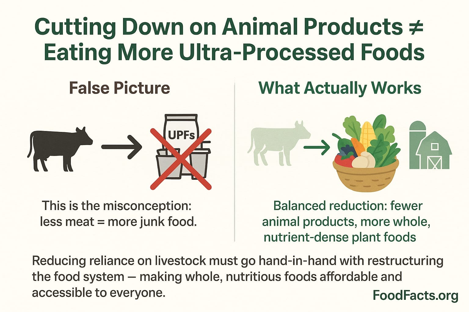 A graphic showing that cutting down on animal products doesn't equal eating more ultra-processed foods
