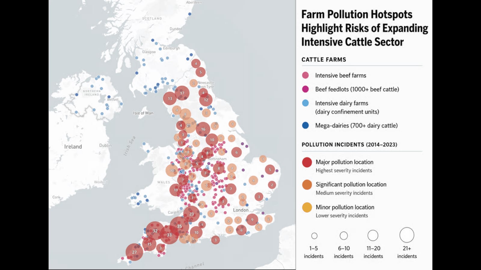 A map showing farm pollution incidents from UK cow farms