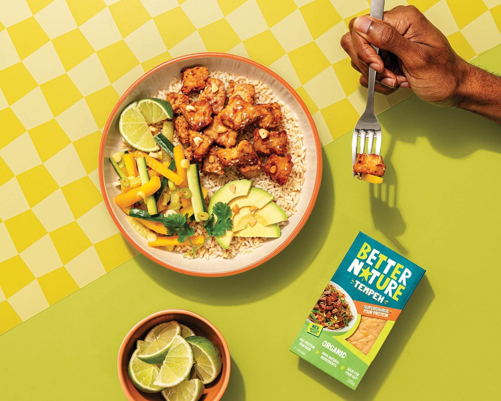 A delicious bowl of food is seen, with fried tempeh, avocado, rice, and other vegetables