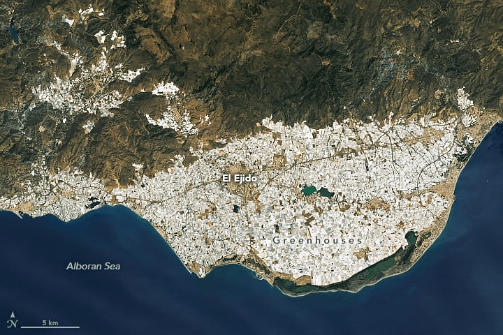 A satellite image shows a section of Spain. The top part is green, while the bottom part is white. The white colour is due to the abundance of greenhouses in that region.