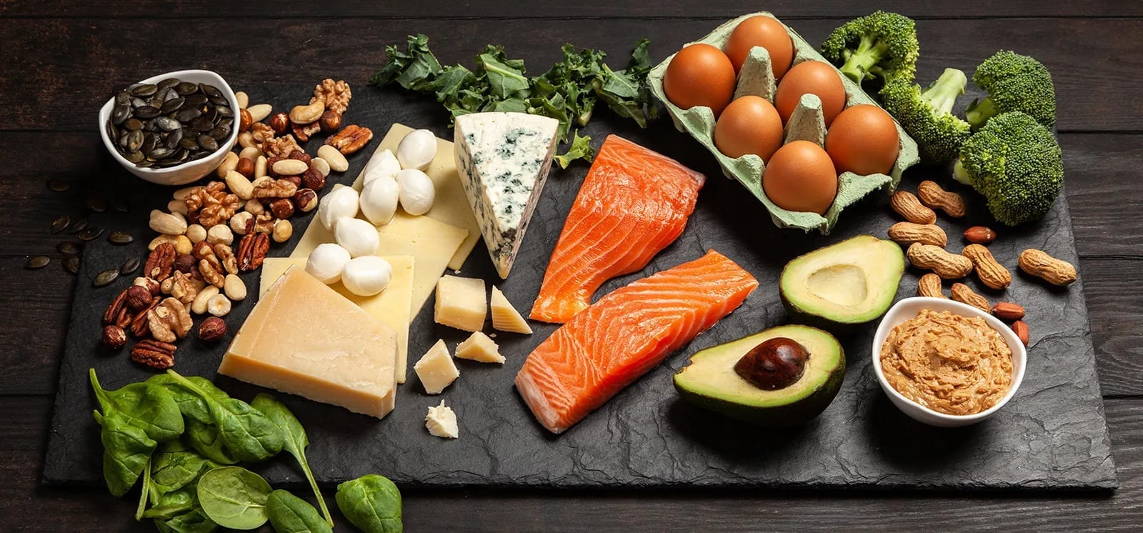 Various ketogenic foods on a plate, such as cheese, salmon, eggs, avocado, and nuts and seeds.