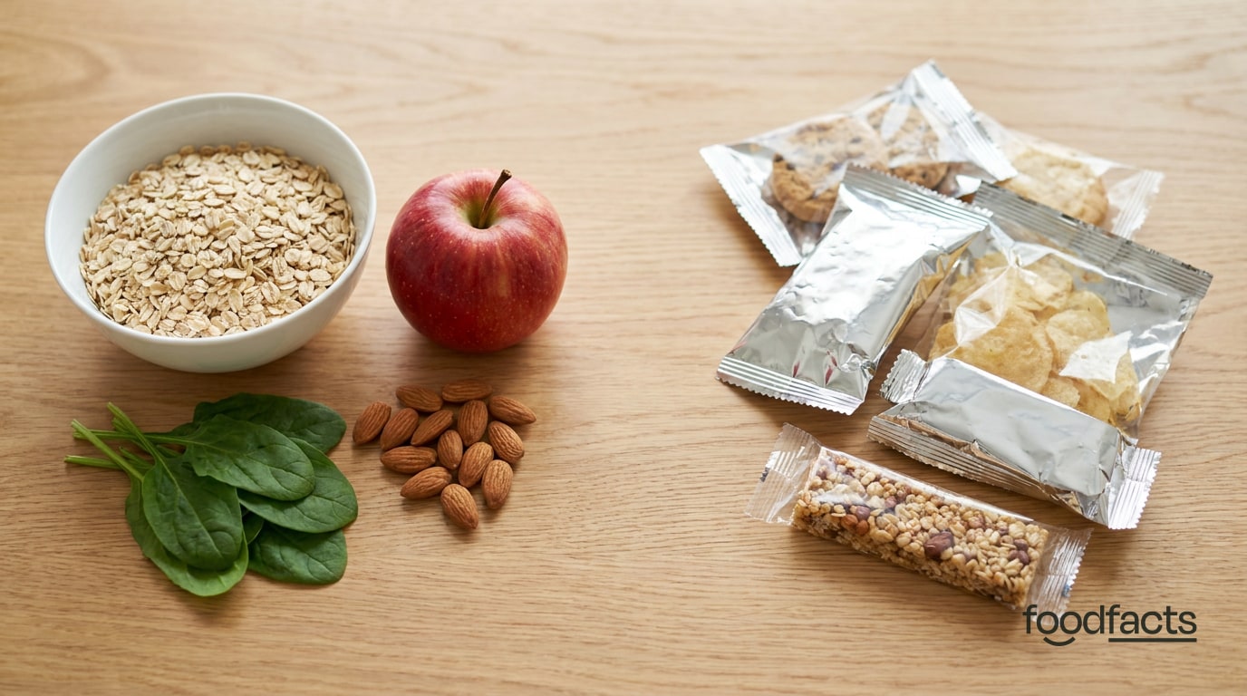 Whole foods — a bowl of oats, an apple, spinach and almonds — beside packaged ultra-processed snacks on a wooden table