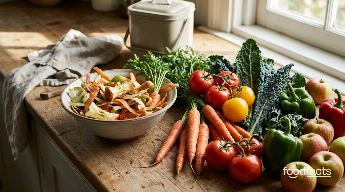 A bowl of vegetable peelings for compost beside fresh carrots, tomatoes, kale, peppers and apples on a kitchen counter