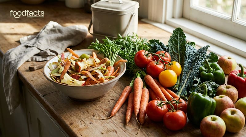 A bowl of vegetable peelings for compost beside fresh carrots, tomatoes, kale, peppers and apples on a kitchen counter