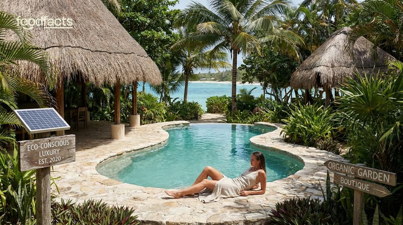 A tropical resort pool framed by palm trees and thatched cabanas, with wooden 'eco-conscious luxury' and 'organic garden' signs illustrating travel greenwashing