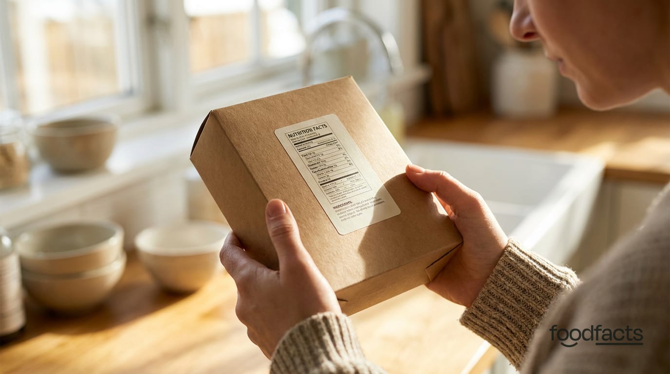 A person reading the nutrition information panel and ingredients list on the back of a food package