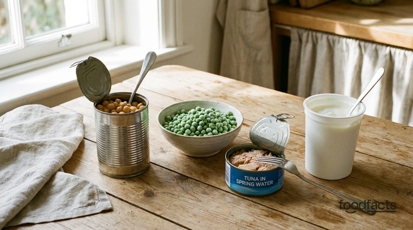 An open tin of chickpeas, a bowl of frozen peas, canned tuna in spring water and plain yoghurt on a wooden table