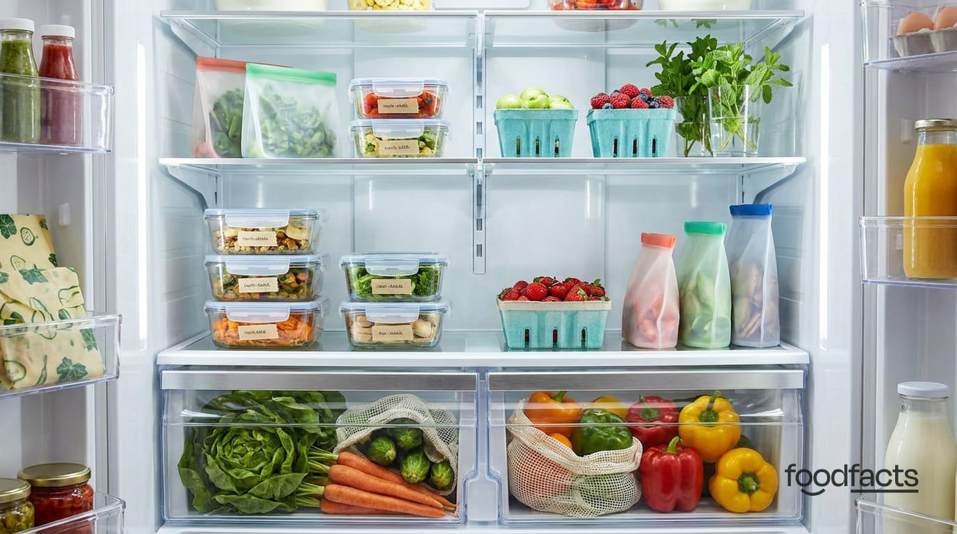 An organised fridge with labelled glass containers of leftovers and fresh vegetables in the drawers