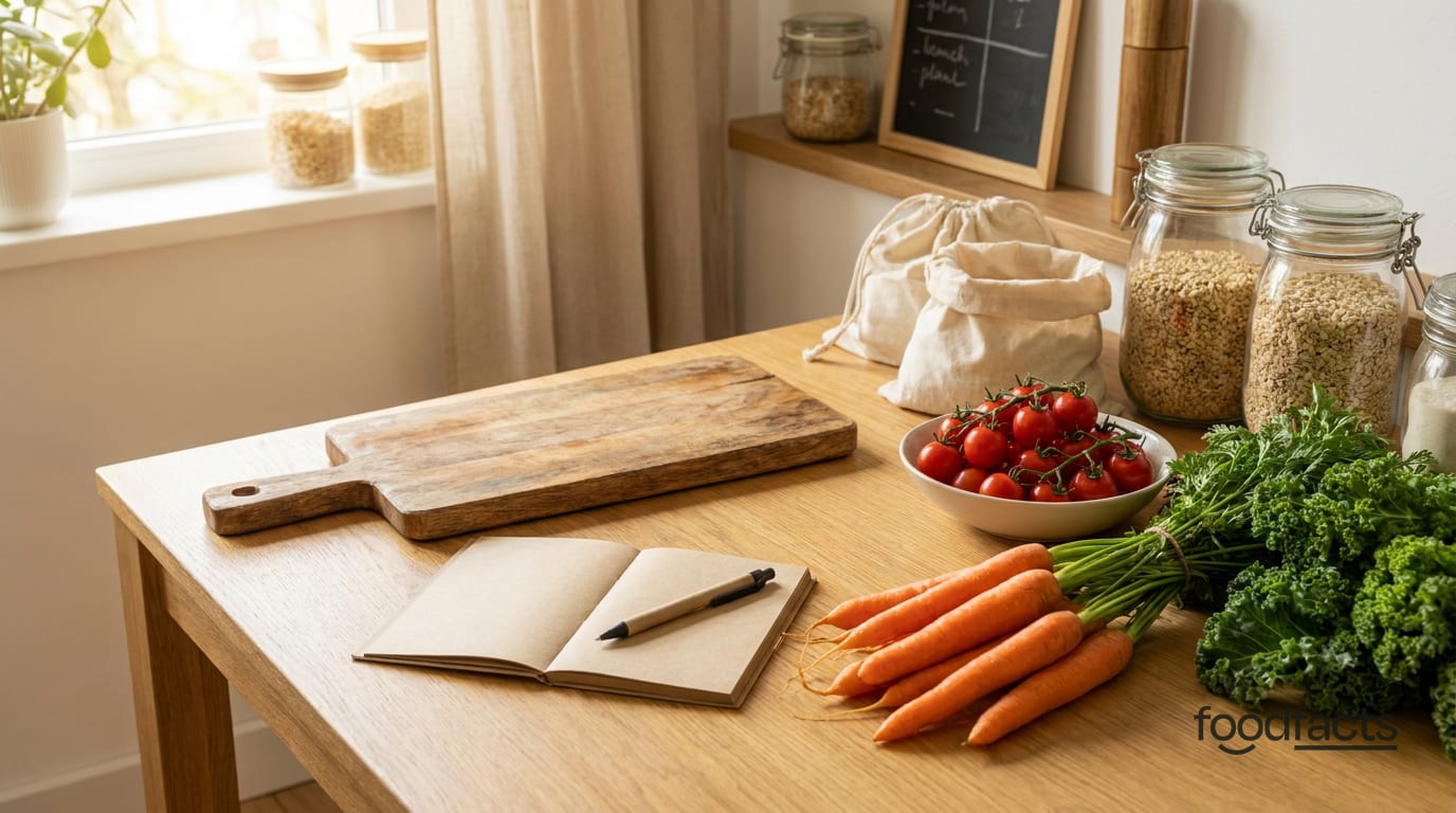 An open notebook and pen beside fresh carrots, tomatoes and kale on a kitchen table