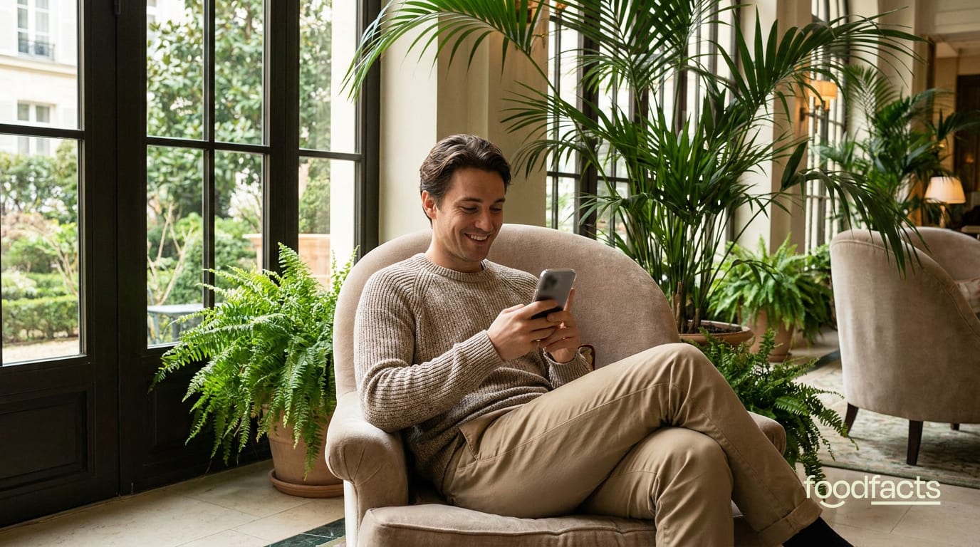 A traveller checking reviews on a smartphone in a plant-filled hotel lobby