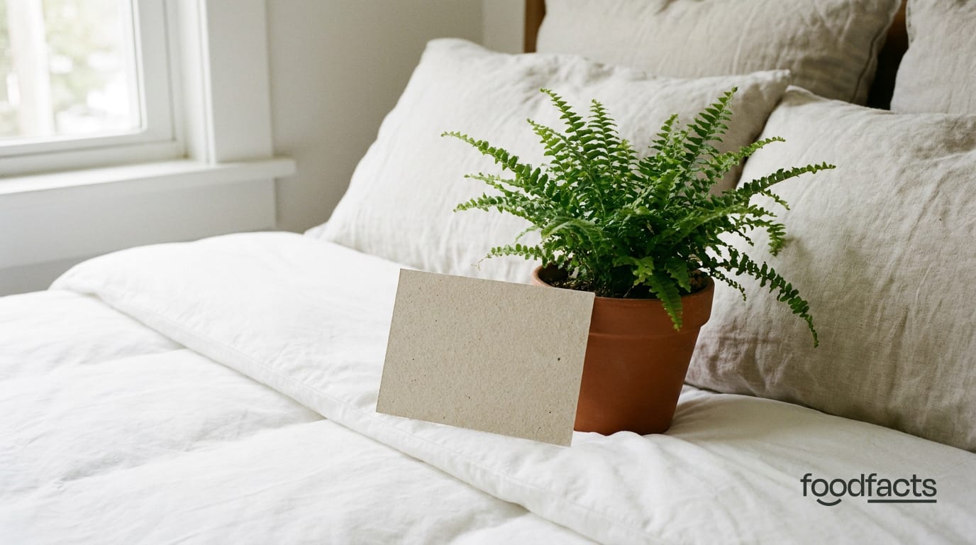 A blank card and a potted fern on a hotel bed with white linen