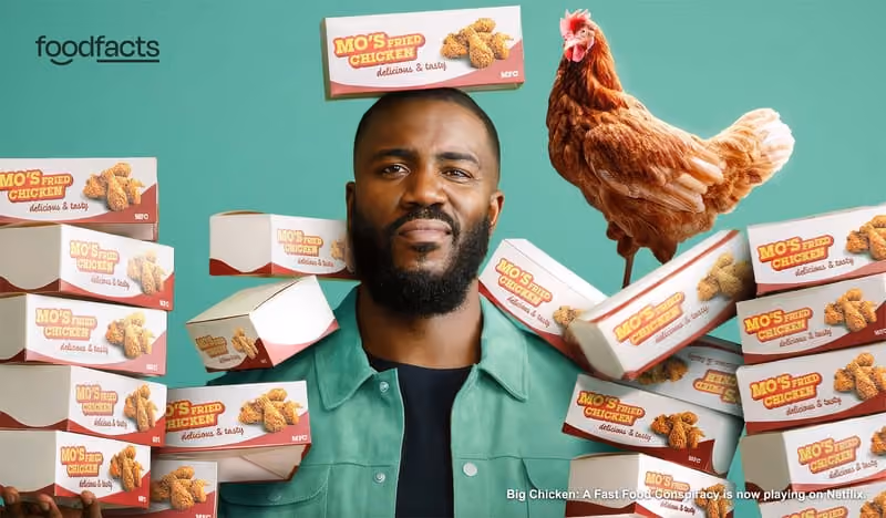 Comedian Mo Gilligan surrounded by stacks of fictional Mo’s Fried Chicken boxes and a live hen, in the key art for Netflix’s Big Chicken: A Fast Food Conspiracy