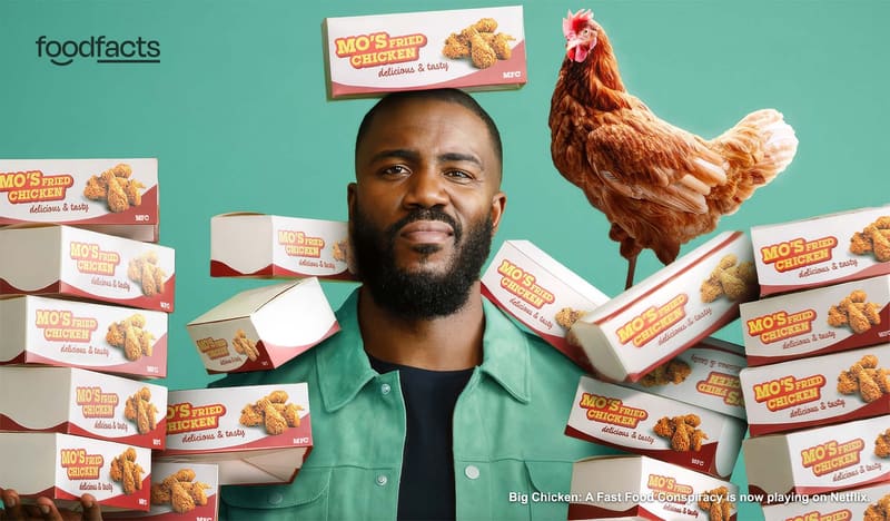 Comedian Mo Gilligan surrounded by stacks of fictional Mo’s Fried Chicken boxes and a live hen, in the key art for Netflix’s Big Chicken: A Fast Food Conspiracy